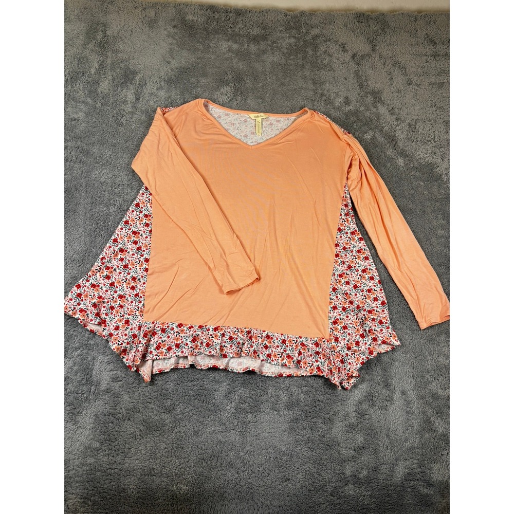 Matilda Jane Peach Floral Mixed Media Ruffle Tunic Top Small V-Neck Long Sleeve
